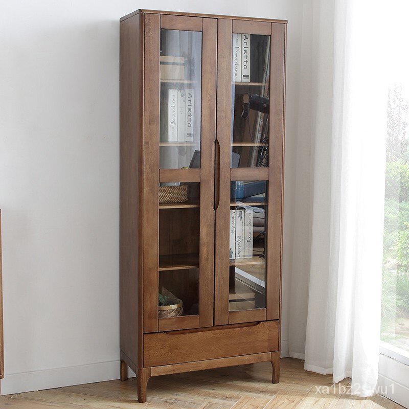 （含發票） 北歐全實木書櫃落地書架帶玻璃門客廳臥室展示高櫃小型兩門置物架