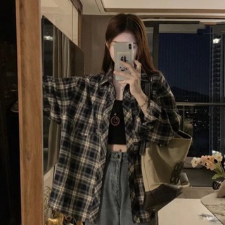 格子襯衫女早秋季寬鬆百搭BF風長袖襯衣外套美式複古港風防曬上衣 K9JH