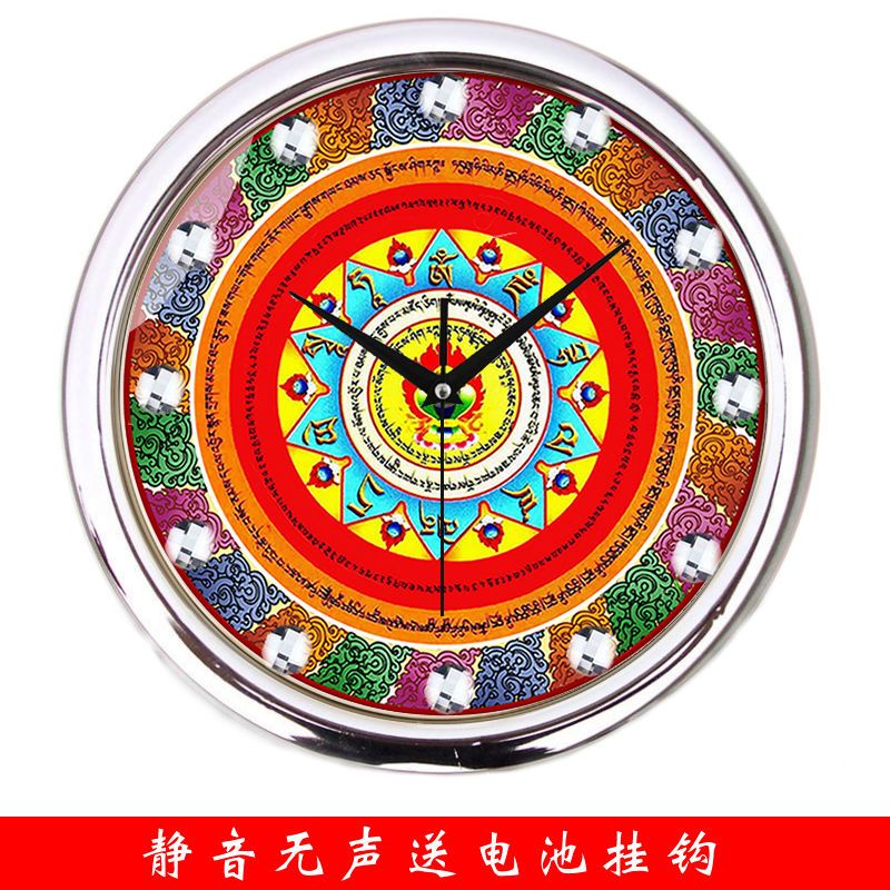 🍀🍀西藏民族風黃財*神壇城水鉆掛鐘靜音機芯時鐘個性鐘表12英寸金色
