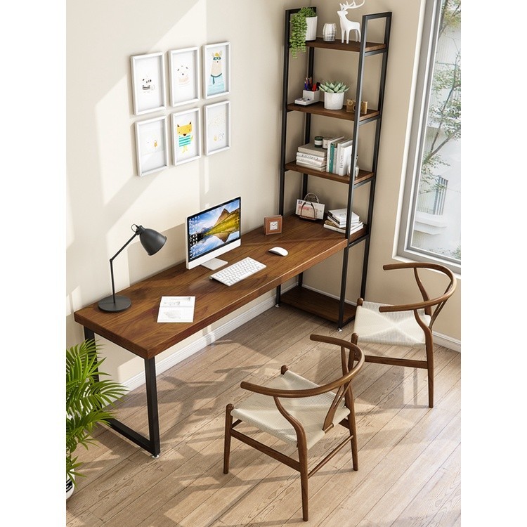 美式實木書桌書架一體組合家用寫字桌卧室長條桌角落帶書櫃電腦桌