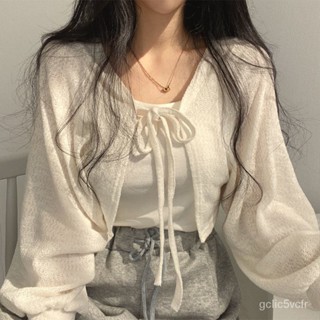 開衫 白色綁帶 燈籠袖 薄款外套 上衣女 簡約寬鬆 百搭外套 小開衫 防曬開衫 短款外套女 短版外套 罩衫 防曬外套