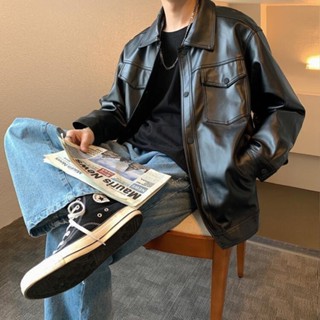 朋克皮衣男春秋新款寬松男生帥氣潮牌機車外套韓版潮港風百搭夾克 皮外套 皮衣外套 外套男 飛行外套 防風外套 短版外套