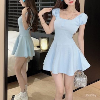 【Free Girl】辣妹連衣裙夏季女裝慾風溫柔泡泡袖針織芭蕾裙子修身顯瘦短裙女 短洋裝 針織短裙 包臀洋 性感連身裙