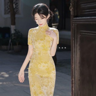 免運【高品質】旗袍 黃色蝕骨旗袍 洋裝 2023年新款改良少女夏季年輕款古法大小姐長款洋裝 連身裙