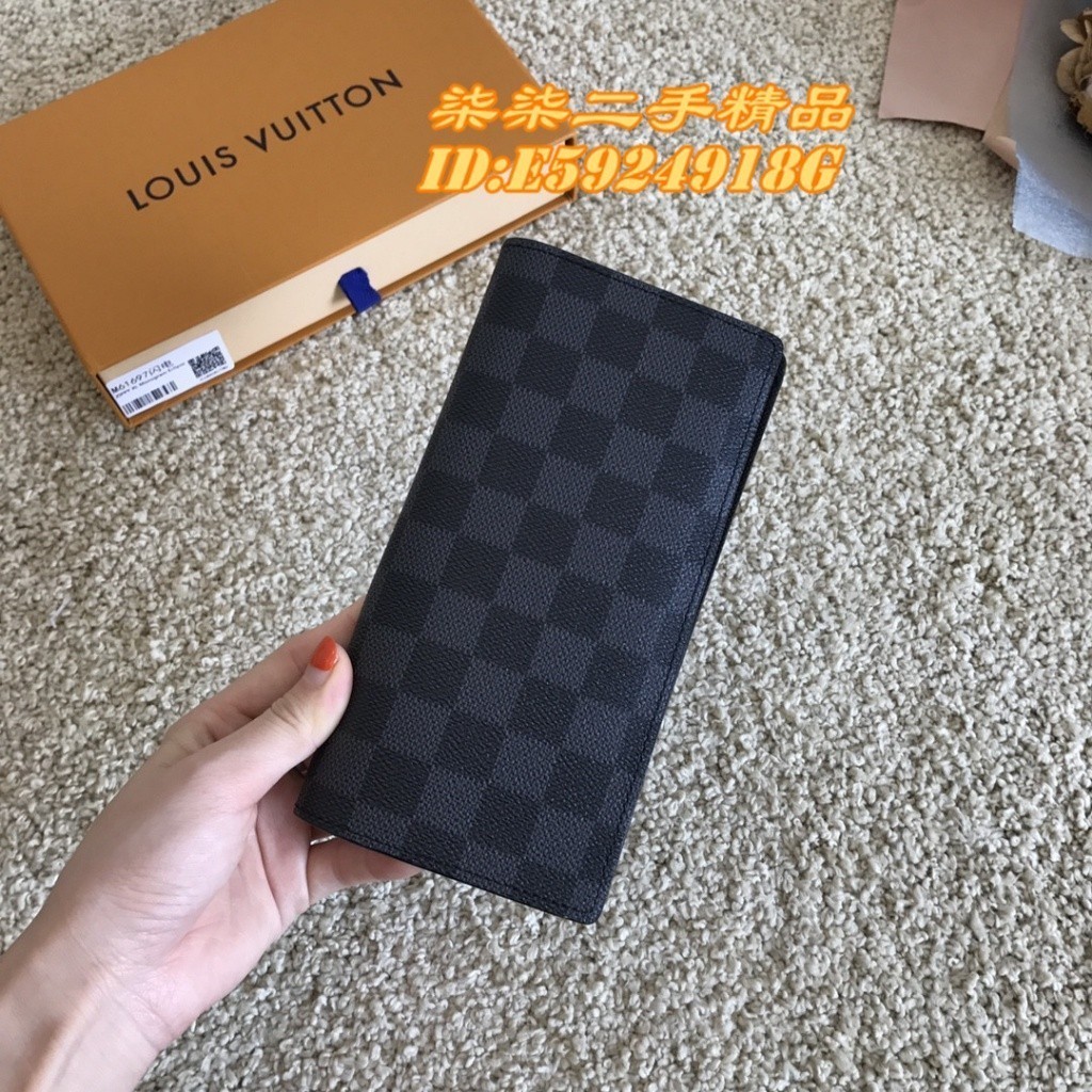 二手精品 LV 路易威登 Brazza系列 黑灰棋盤格帆布對開長夾 N62665 男士錢包 手拿包