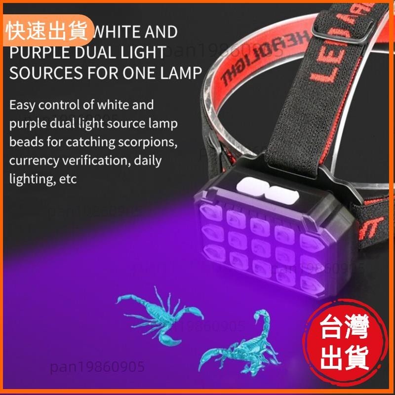 優選精品📣Led頭燈紫外線手電筒usb充電頭燈寵物污漬檢查器戶外頭燈防水蝎子狩獵頭燈