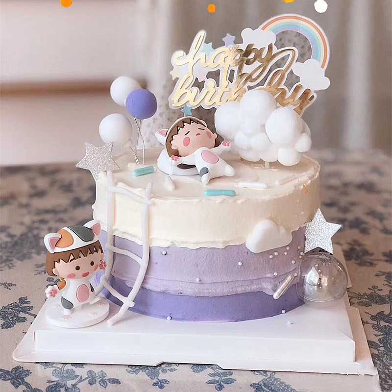 烘焙蛋糕裝飾女生款櫻桃小丸子生日蛋糕擺件彩虹軟陶氣球樓梯插牌