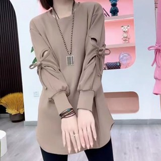 長袖t恤 長袖上衣女 韓版純色圓領長袖系繩設計衛衣女2024春季新款時尚氣質寬松上衣潮