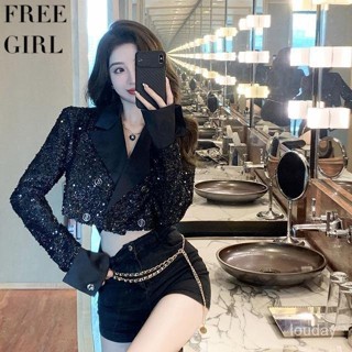 【Free Girl】高階感小香風重工亮片西外套新款短款西服 亮片洋裝 性感上衣 長袖西裝 外搭上衣 裡服裝 PFUL