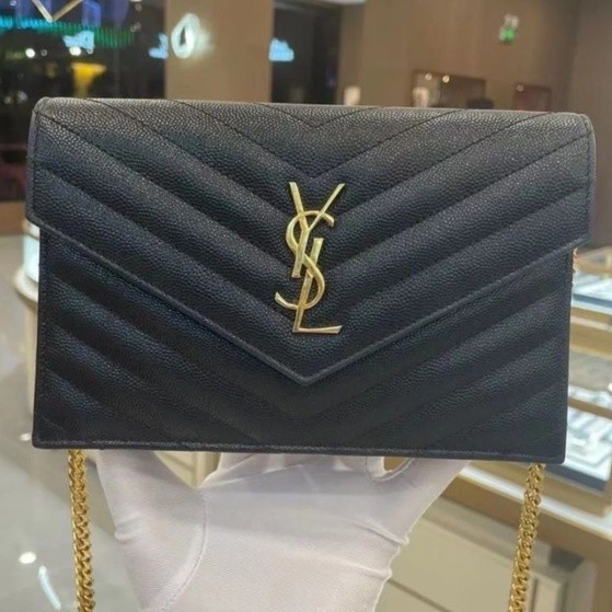 頂級精品二手/YSL 聖羅蘭 黑色 魚子醬紋 金扣WOC 小號 信封包/鏈條包/單肩包/斜背包 393953