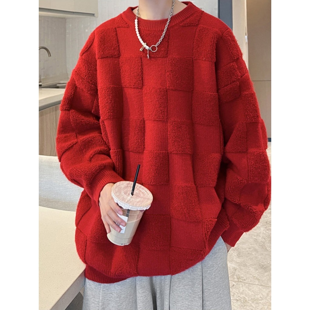 紅色 毛衣 男 秋冬款 日系 慵懶 風 復古 針織 羊絨 衫 高級感 oversize 羊毛衫