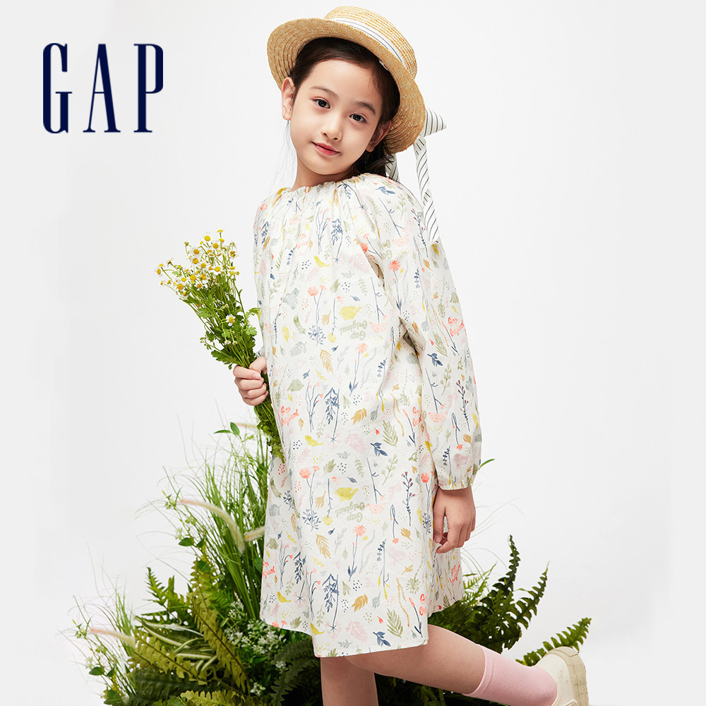 Gap 女童裝 Logo純棉印花圓領長袖洋裝-白色(890489)