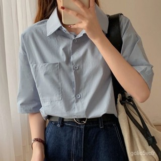 設計感上衣 小眾襯衫 寬鬆短袖 襯衫女 短袖襯衫 夏季新款 素色襯衫 韓版襯衣 顯瘦百搭上衣 外穿襯衣女 翻領襯衫 口袋