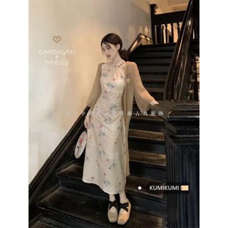 【臺灣出貨】改良式旗袍洋裝 大尺碼新中式旗袍洋裝 碎花復古長裙連身裙 復古氣質收腰改良旗袍連衣裙女春夏防曬開衫兩件套