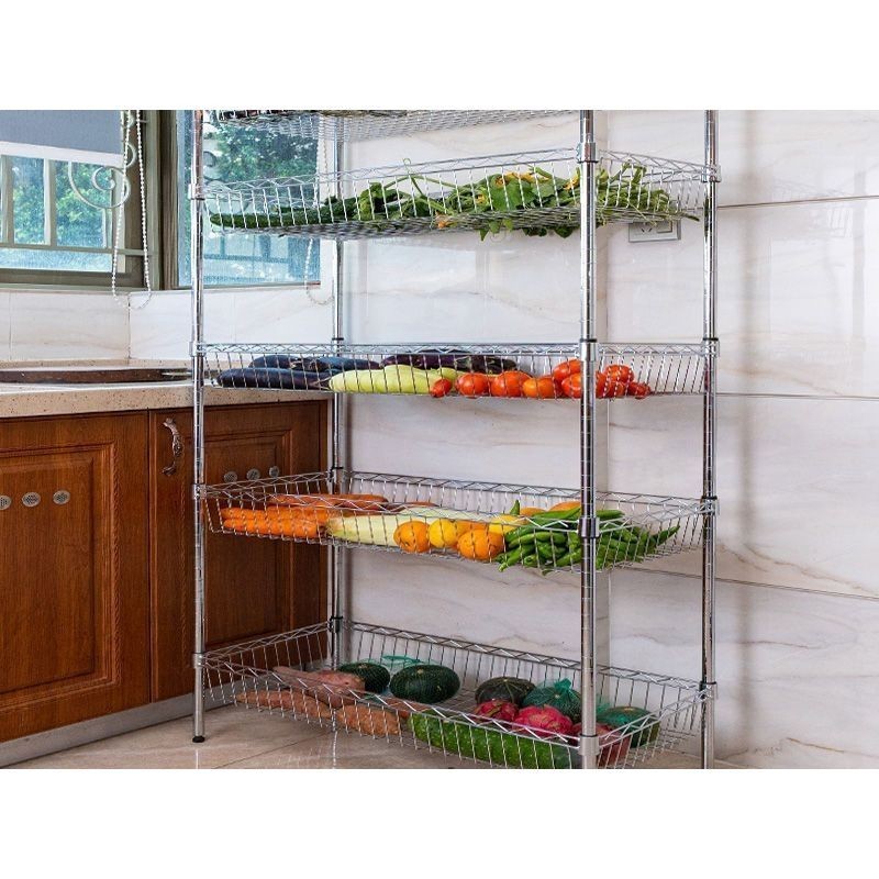 廚房用品置物架4層不銹鋼色水果蔬菜收納儲物架落地多層整理架子廚房置物架