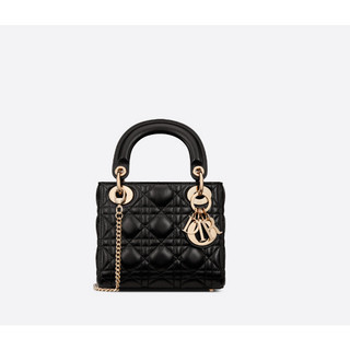 二手 Dior 迪奧 迷你 LADY DIOR 手袋 黑色 藤格紋 羊皮 戴妃包 鏈條包 手提包 M0505O