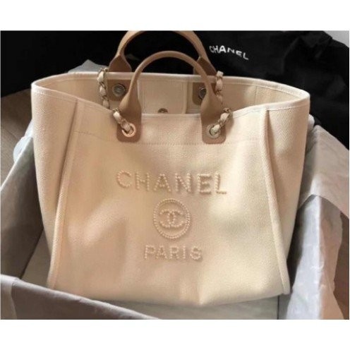 『小寶貝二手』Chanel 香奈兒 A66941 徽標珍珠印花 帆布手提 購物包 乳白與米色