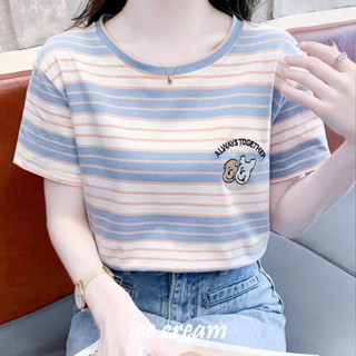 大尺碼上衣 ins超火條紋短袖t恤女夏裝2024新款寬松百搭半袖上衣打底小衫-冰淇淋