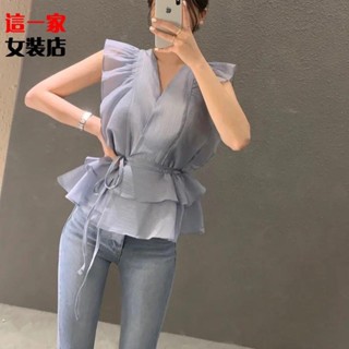 復古港味荷葉邊V領無袖襯衫女2024夏季韓國ins氣質系帶上衣蕾絲衫VN熱賣款