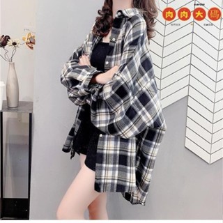 S-3XL 格子襯衫女長袖上衣韓版襯衫百搭襯衣洋氣襯衣外套襯衫女polo領上衣 大尺碼襯衫 長袖襯衫 韓版襯衣 上衣女