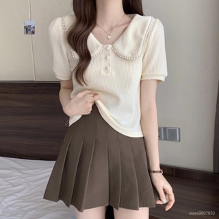 氣質韓版❤大碼女裝法式娃娃領釘珠短袖T恤女夏季胖妹妹設計感修身短款上衣【7天內髮貨】 NPMD