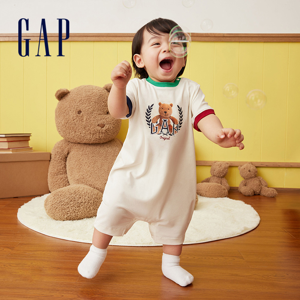 Gap 嬰兒裝 Logo小熊印花圓領短袖包屁衣/連身衣-白色(890354)