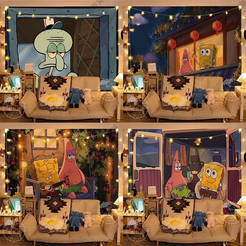 動畫章魚哥海綿寶寶卡通掛布臥室墻面裝飾創意背景布可愛搞怪掛毯 背景布 掛布