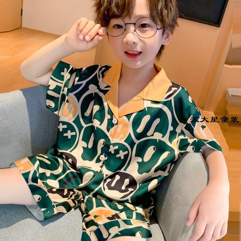 兒童睡衣 韓版 男童夏季薄款冰絲10-16歲中大童網紅短袖空調家居服套裝