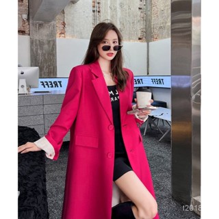 美藝酷 多巴胺西裝外套 玫紅色西裝外套女中長款春季2023年新款韓版寬鬆時尚氣質百搭大衣