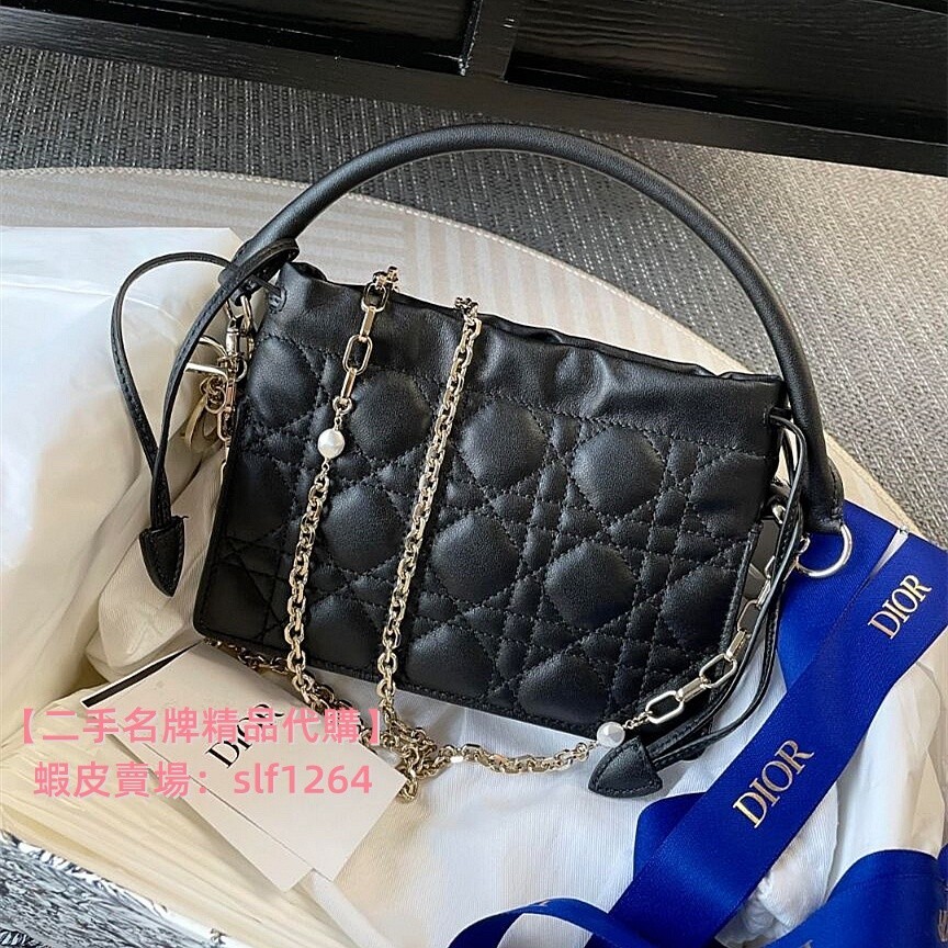 二手精品【DIOR迪奧】LADY DIOR MILLY 迷你手袋 黑色羊皮革藤格紋 福袋 鏈條包 女生包包