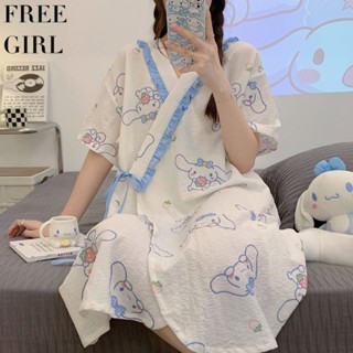 【Free Girl】短袖和服卡通藍大耳狗中長居傢甜美簡約可外穿睡裙 性感睡衣 性感睡裙 寬鬆睡裙 連身裙 可外穿睡裙