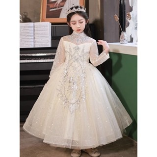 長袖亮片女童公主裙2024新款兒童禮服超仙洋氣高級鋼琴演出服走秀