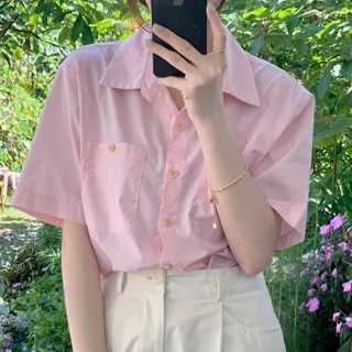 「NZN」 韓版復古條紋chic短袖襯衫女純色簡約上衣6色