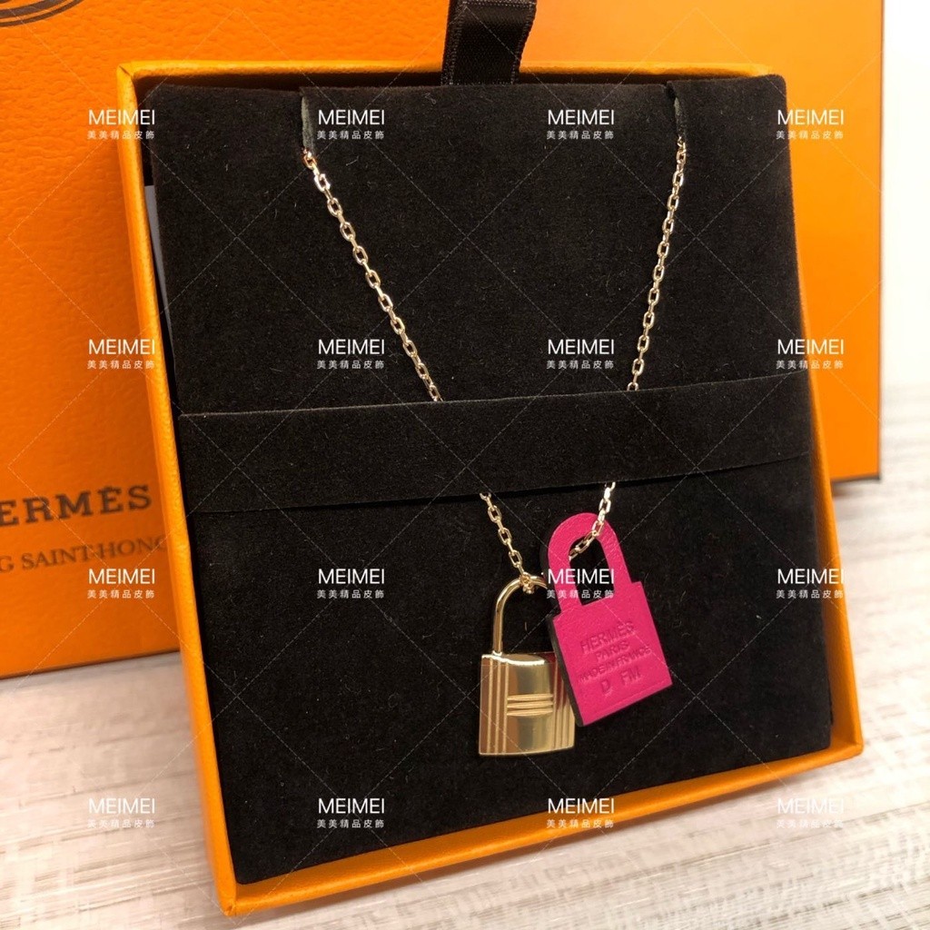 二手 HERMES OKELLY 愛馬仕 鎖頭 粉色 金鍊 項鍊 全新品