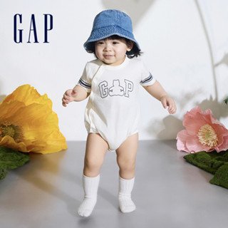 Gap 嬰兒裝 Logo純棉小熊印花圓領短袖包屁衣-奶白色(890357)