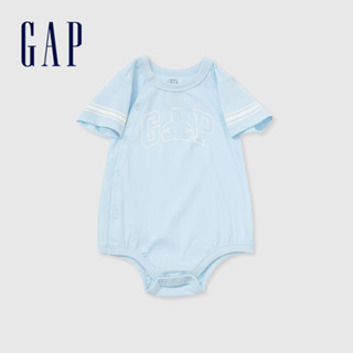 Gap 嬰兒裝 Logo純棉小熊印花圓領短袖包屁衣-藍色(890357)