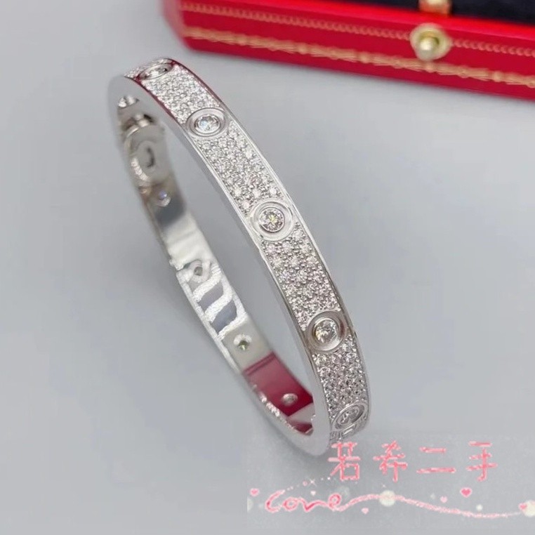 二手 Cartier 卡地亞 N6033606 LOVE系列 18k 白金/玫瑰金 寬版 滿天星 滿鑽 手環 手鐲