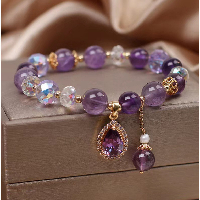 天然高貴紫水晶手鏈女士精緻鋯石愛心弔墜珠手串禮物手環