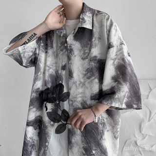 ✨新品特價✨大碼休閒短袖襯衫男紮染襯衫外套男夏季薄款國潮襯衣痞帥ins設計感小眾百搭寬鬆上衣 DLIP