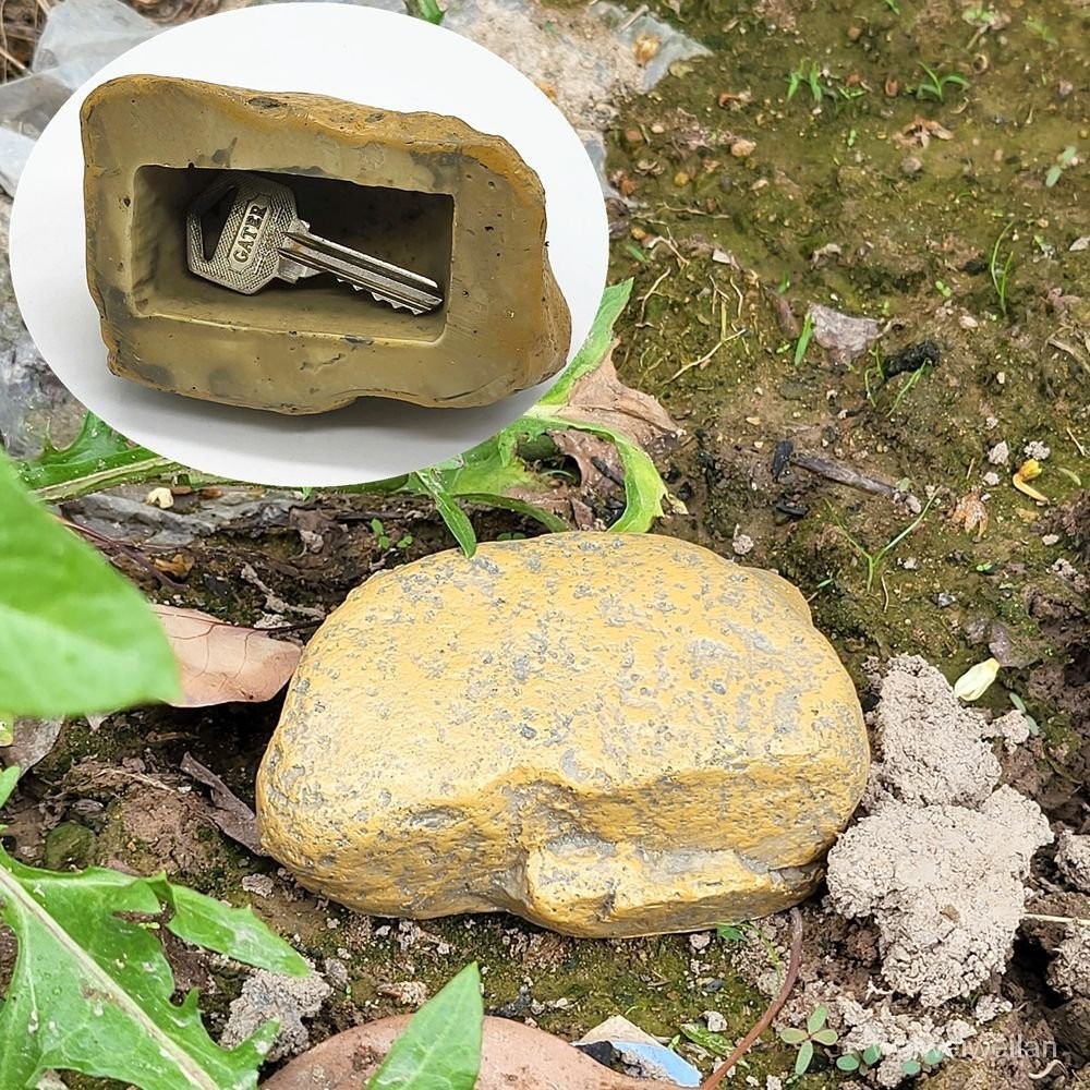創意仿真石頭鑰匙儲存盒樹脂石頭造型隱藏私房錢收納園藝擺件3號 9UQ3