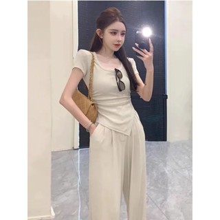小可傢服飾~套裝女 休閒套裝 運動風套裝 運動兩件套 兩件式套裝 短袖套裝 休閒兩件套設計感U領不規則收腰短袖上衣女高