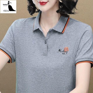俏美衣 女士t恤短袖翻領polo 衫 女新款繡花百搭大碼中年媽媽上衣t恤