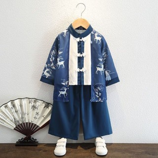【臺灣出貨】漢服男童夏裝中國風短袖套裝兒童唐裝國潮服裝帥氣男孩洋氣古裝夏 兒童漢服 兒童古裝 男童漢服