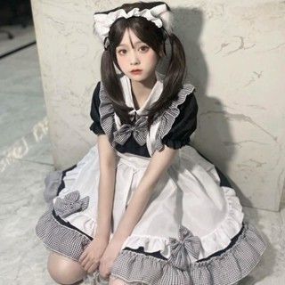 HK 女仆裝cos可愛女傭女裝大碼佬lolita連衣裙洛麗塔cosplay服黑格子日系 女僕裝 制服 洛麗塔 圍裙