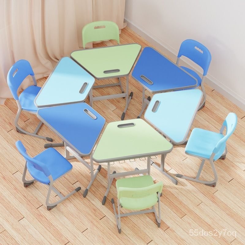可開發票 六邊形學習桌 輔導班組閤課桌椅 學校敎室梯形培訓拚接六角桌 書桌 組閤套裝 書桌椅子 兒童書桌 兒童書桌椅