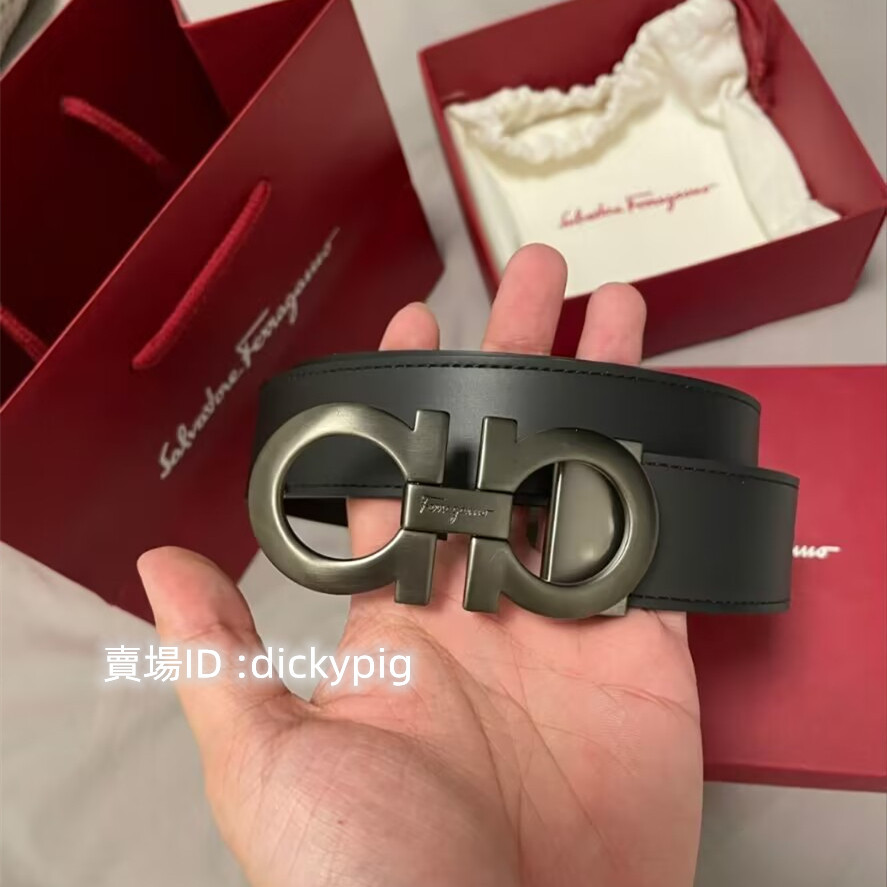 二手正品 Salvatore Ferragamo 菲拉格慕槍色拉絲銀 雙A扣男女腰帶 皮帶 3.5cm寬 雙面皮帶 實拍