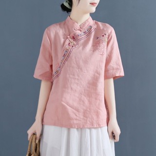 棉麻上衣💕 立領重工刺繡夏季民族風上衣中式女裝復古風短袖襯衫女寬松上衣女 棉麻襯衫 大尺碼襯衫 大尺碼上衣