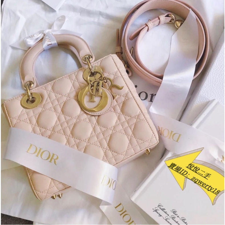 悅悅二手Dior 迪奧 M0538OCAL_M413 粉紅色 Lady Dior 黛妃包 裸色小方包 大號手提包 鏈條包