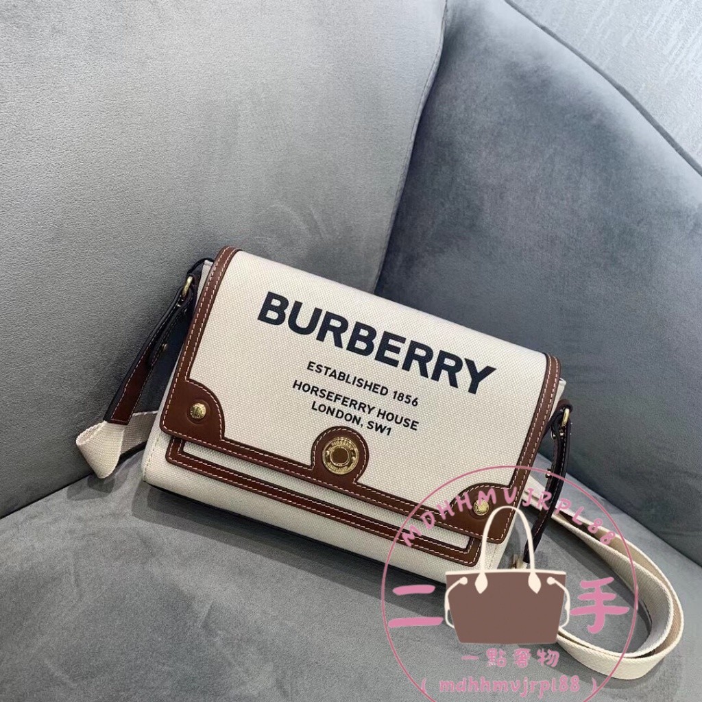 99新 二手 BURBERRY 博柏利 Note 肩帶Horseferry帆布拼皮郵差包/肩背包/斜跨包80302491