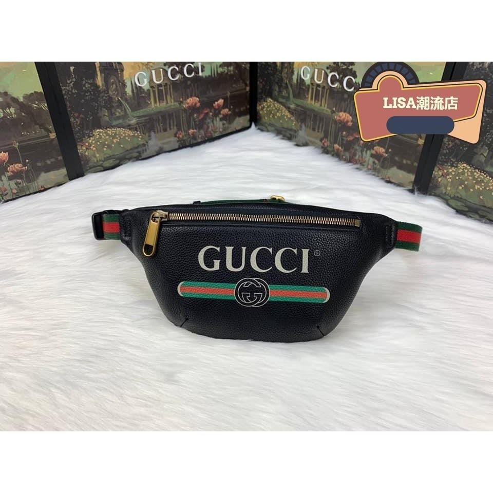 二手正品 GUCCI 古馳 Gucci標識印花 小號 黑色 紅綠織帶 胸包 斜背包 皮革 腰包